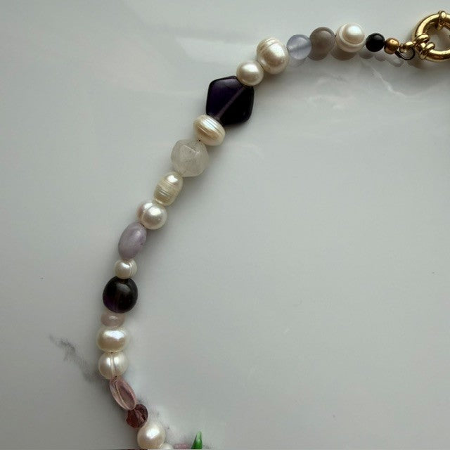purple martin • half beaded half pearl necklace