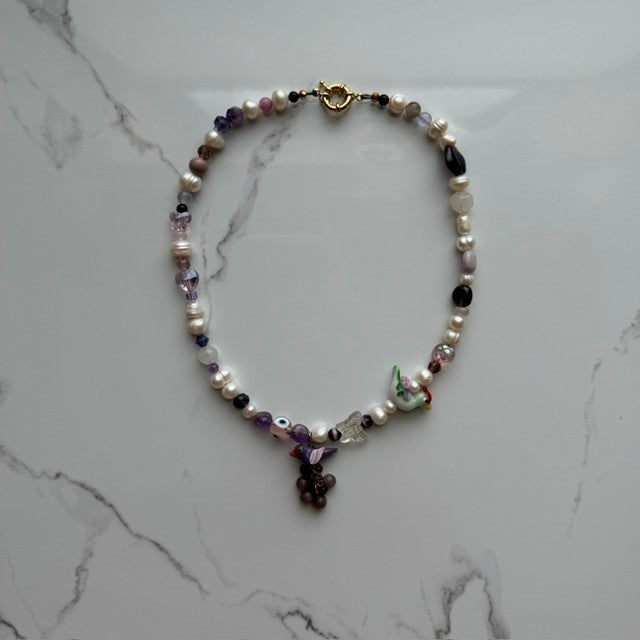 purple martin • half beaded half pearl necklace