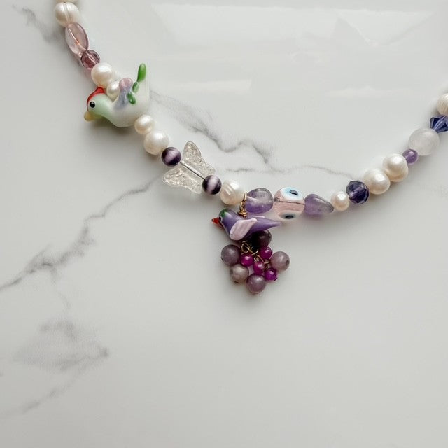 purple martin • half beaded half pearl necklace