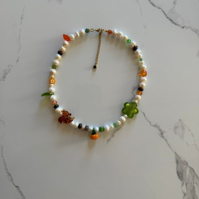 nuts about fall • half beaded half pearl necklace