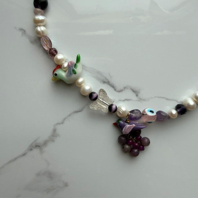 purple martin • half beaded half pearl necklace