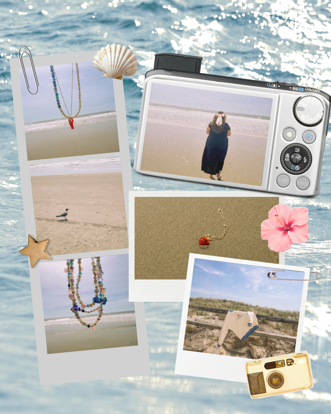 Collage of beach-themed photos with a camera and jewelry on a water background